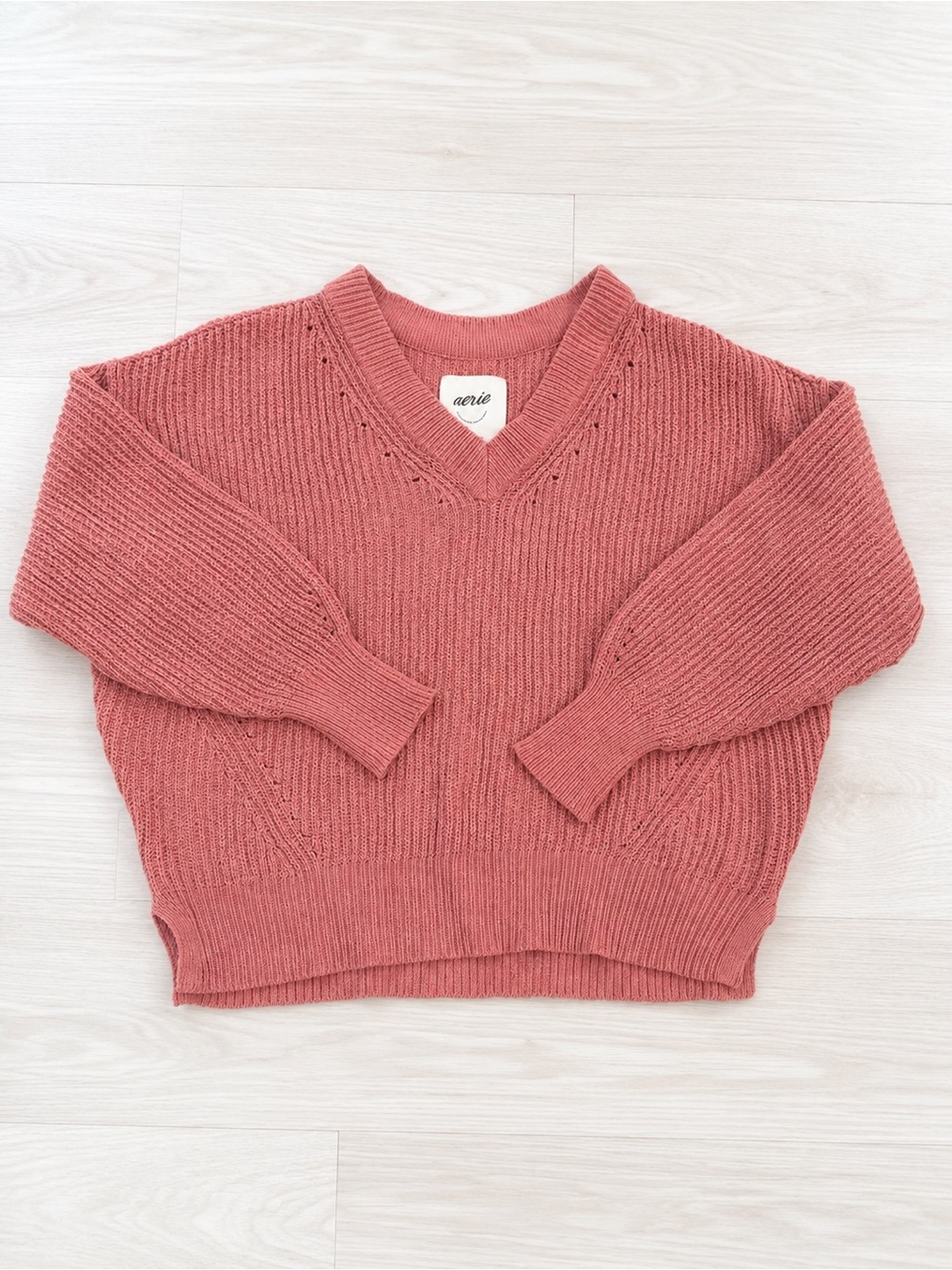 Aerie Soft Knit V-Neck Sweater Small Pink Oversized Cozy